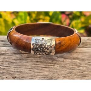 Vintage Silpada Etched Sterling Silver and Wood Bangle Bracelet, 2007 B1490